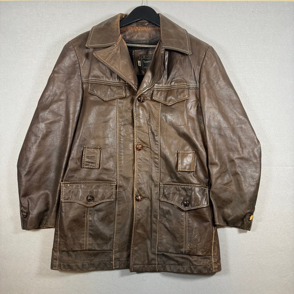 Towncraft Other - Vintage 70's Towncraft Leather Jacket Safari Coat Size 38 Brown Front Pockets